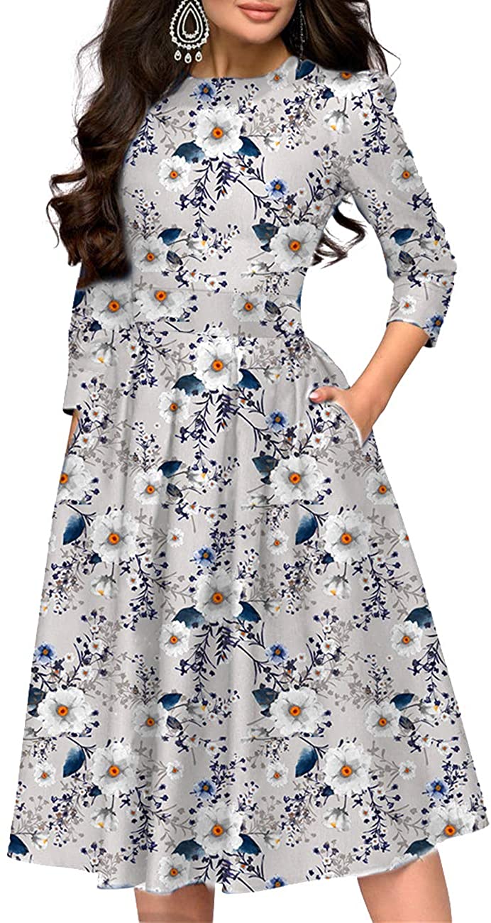 Simple Flavor Women s Floral Vintage Dress Elegant Midi Evening Dress 3 4 Sleeve