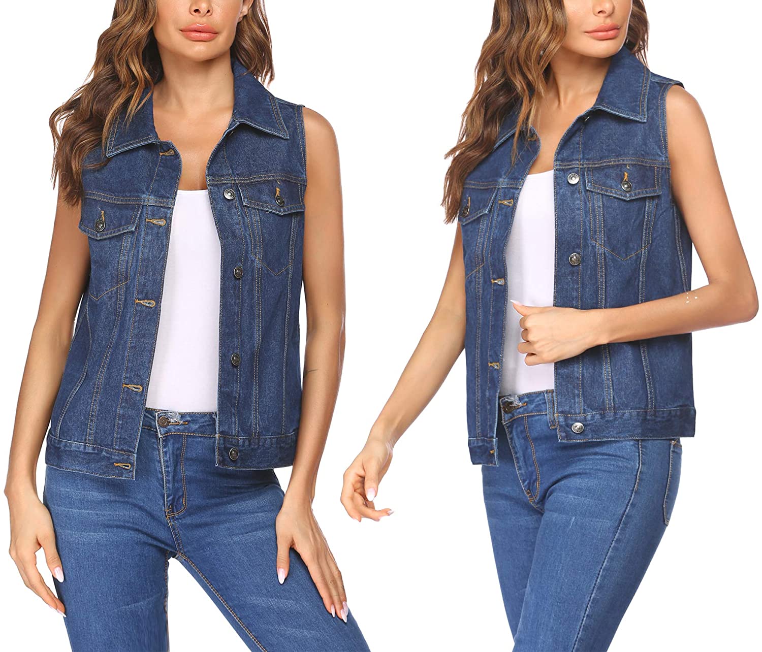Chainscroll Women's Denim Vest Casual Classic Jean Jackets W Chest Flap Pockets