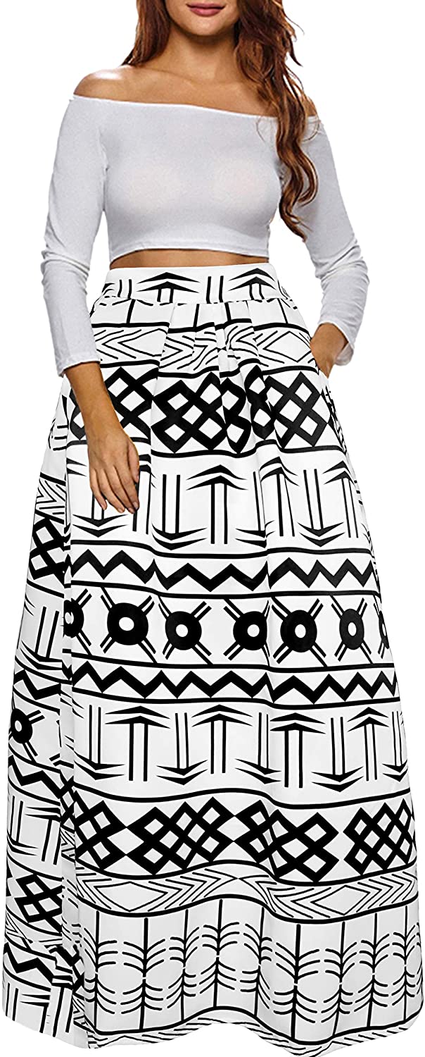 Afibi Women African Printed Casual Maxi Skirt Flared Skirt A Line Long Skirts with Pockets 