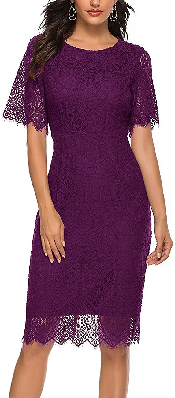 MEROKEETY Women's Short Sleeve Lace Floral Cocktail Dress Crew Neck Knee  Length for Party