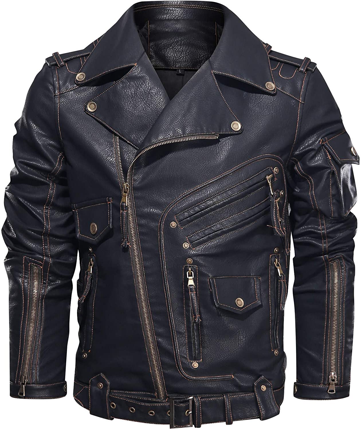 Heihuohua Men's Faux Leather Motorcycle Jacket Heavy Industry Zipper  Designd Poc