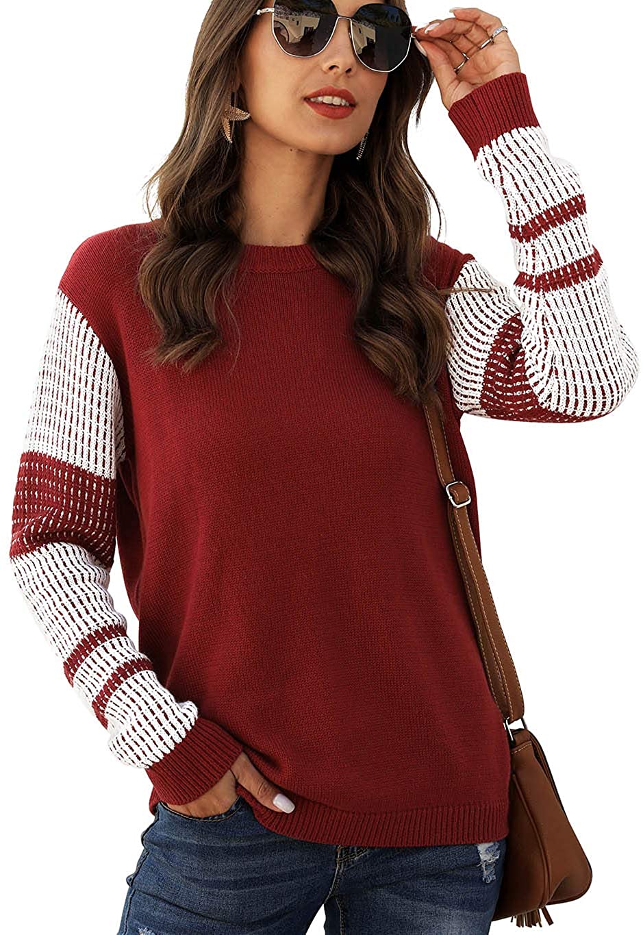 koitmy Women's Cute Contrast Sleeve Knitted Pullover Sweater | eBay