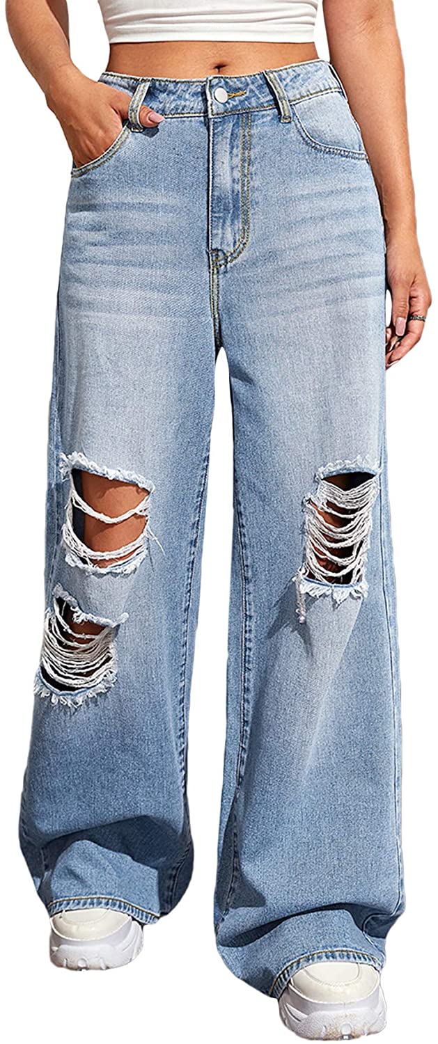 SweatyRocks Women's Casual Loose Ripped Denim Pants Distressed Wide Leg  Jeans