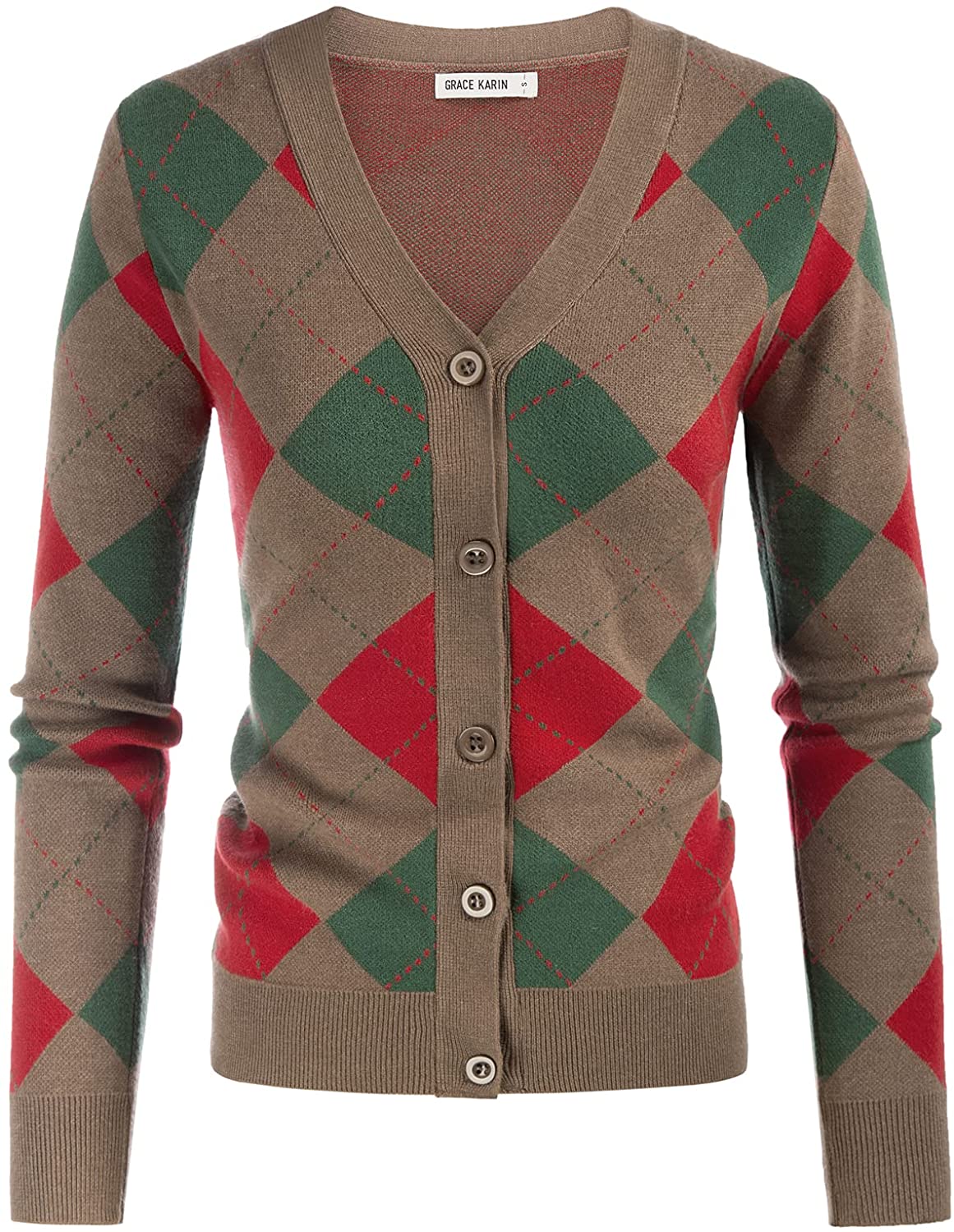 Womens Argyle Preppy Cardigan Sweater Casual V Neck Button Down Knit Cardigan Color Block Shrugs S-2XL 