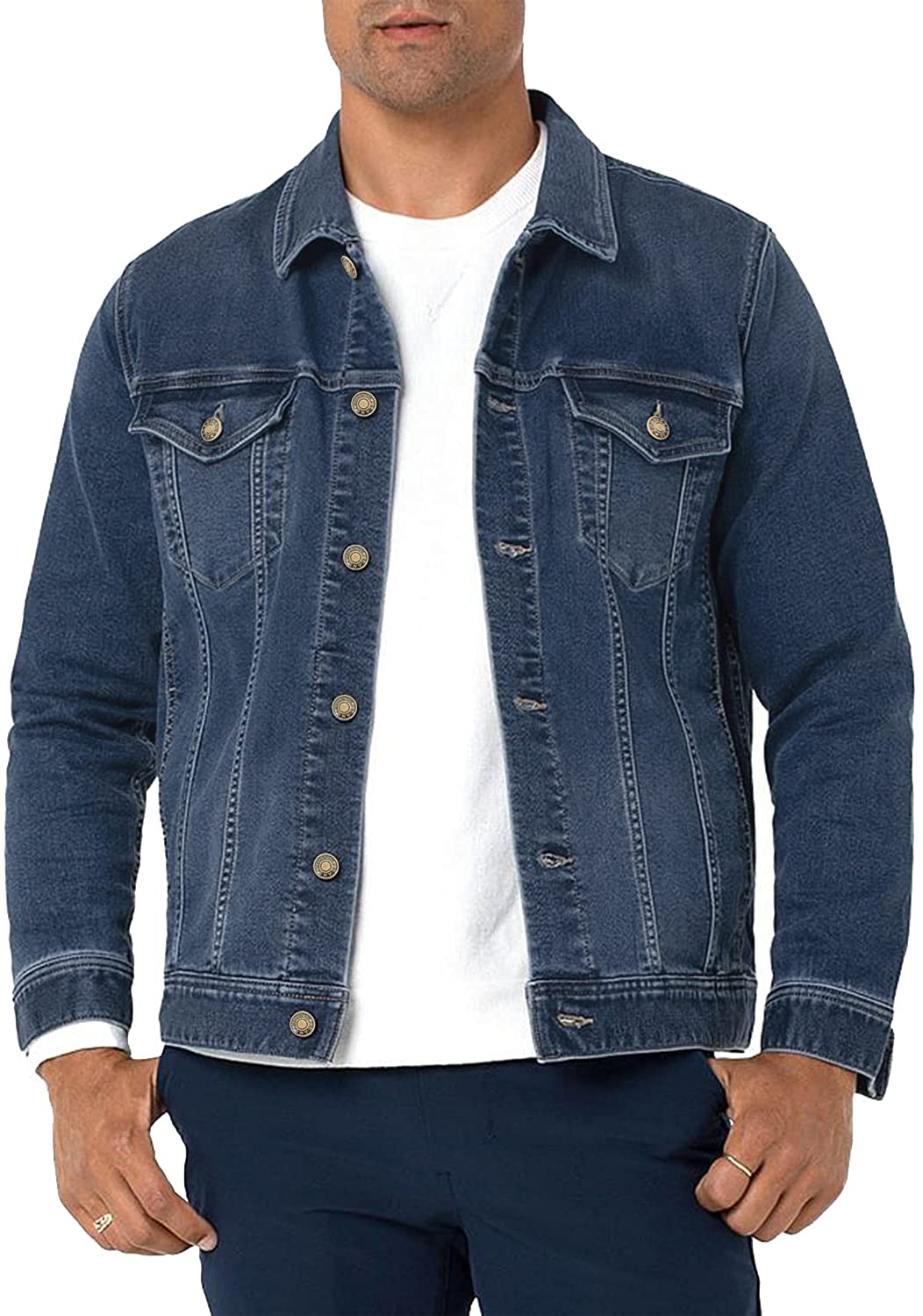 Lavnis Men's Military Trucker Jacket Casual Cotton Button Down Fleece Denim Jacket 