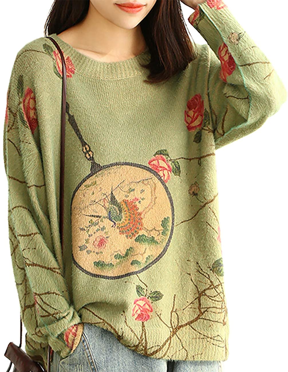 YESNO S01 Girls Casual Loose Sweaters Knitted Pullover Tops Printed Long Sleeve 