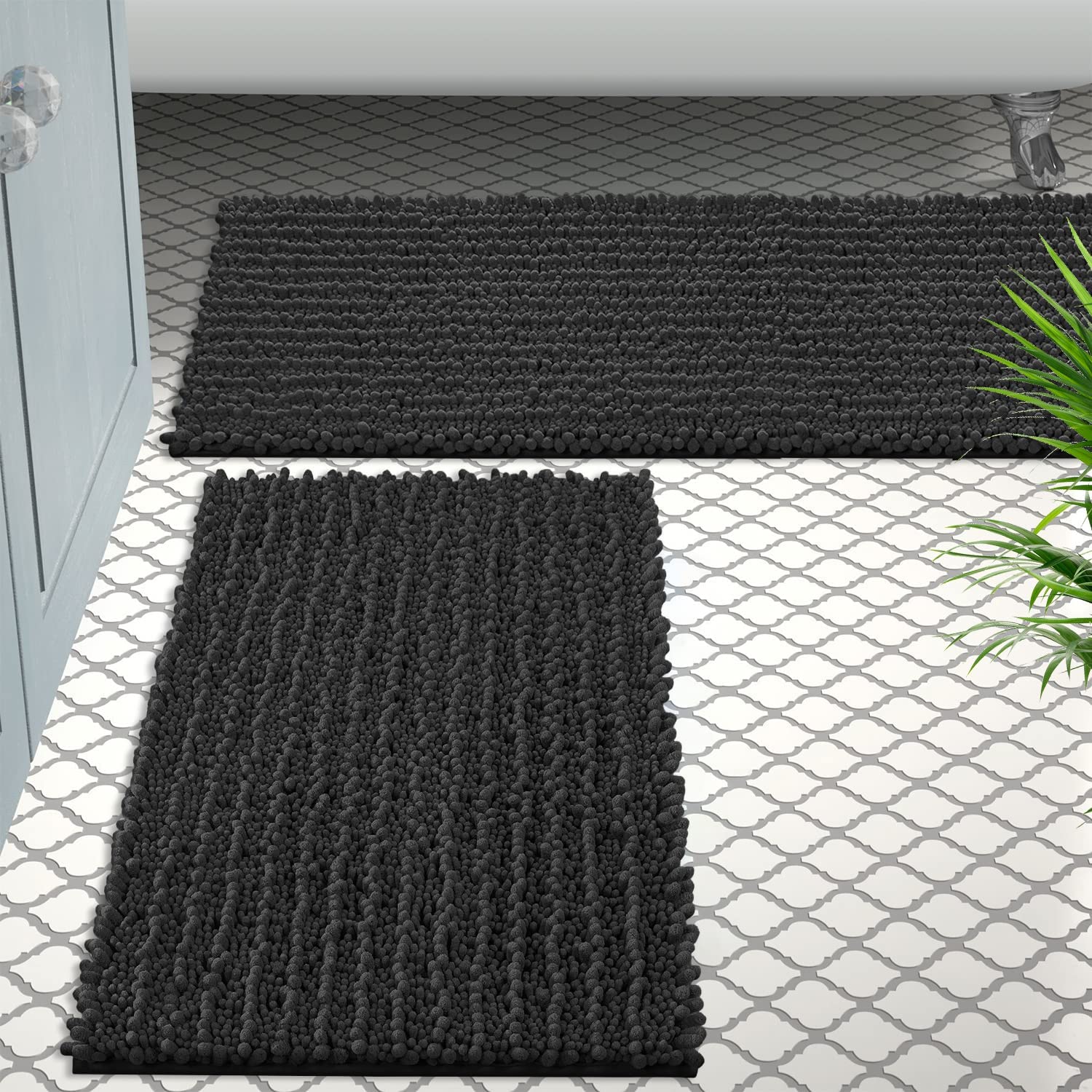 Grey Bathroom Rug Set by Zebrux, Non Slip Thick Shaggy Modern