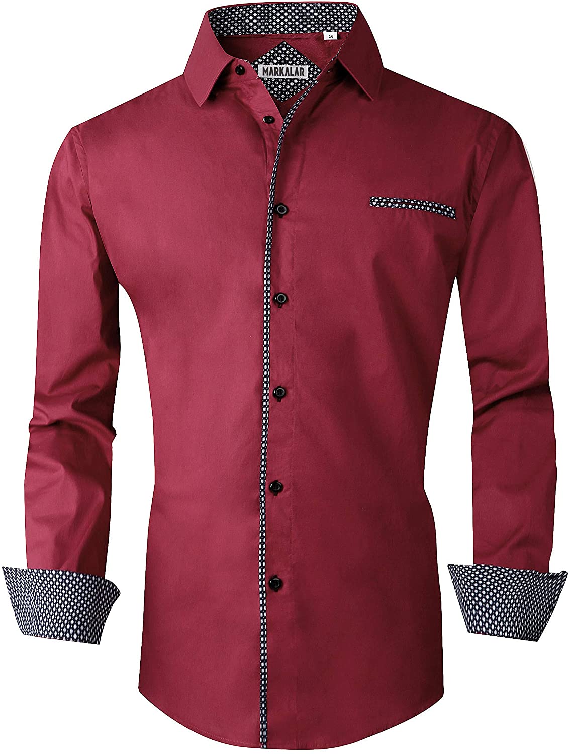 Markalar Mens Casual Button Down Shirts Regular Fit Long Sleeve Cotton Dress Shirt,Red,S