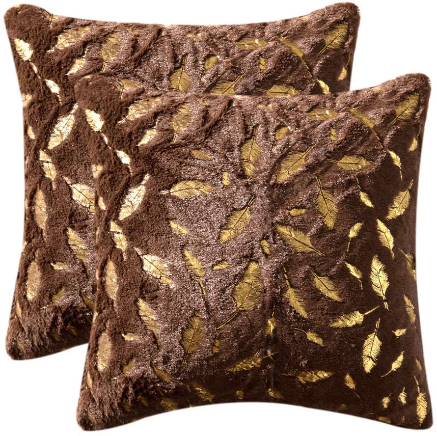 MIULEE Pack of 2 Decorative Throw Pillow Covers Plush Faux Fur with Gold  Feather