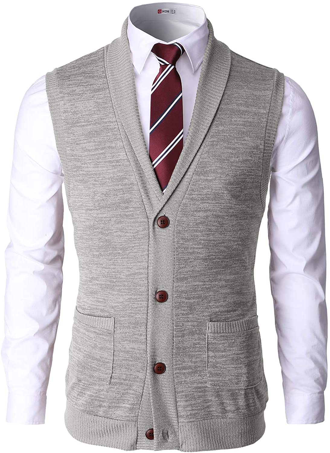 H2H Mens Casual Slim Fit Kniited Sweater Vests V-Neck Button-Down Shawl Collar with Pockets 