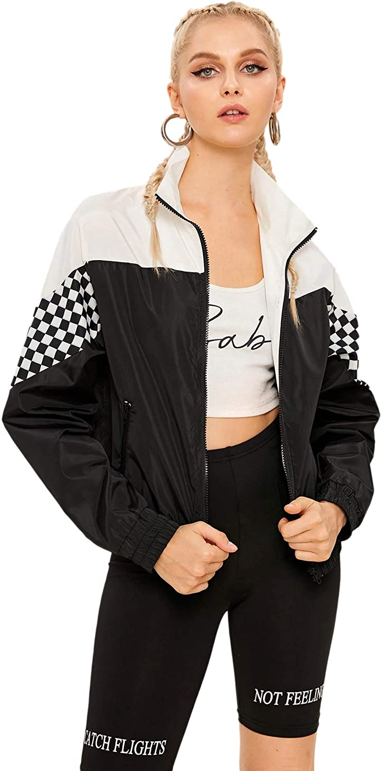 Milumia Women Color Block Drawstring Hooded Zip Up Sports Jacket Windproof Windbreaker with Pocket 