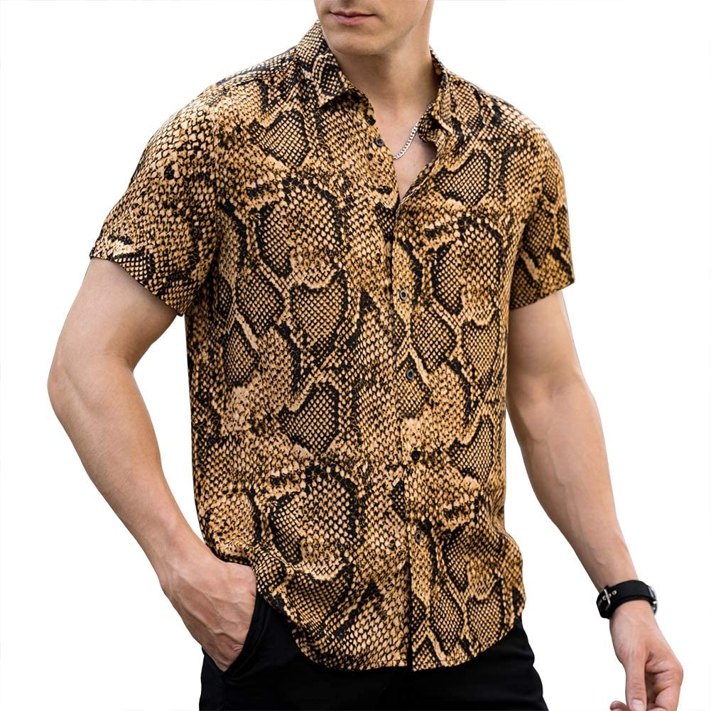 Men Leopard Snakeskin Print Button Short Casual Shirt | eBay