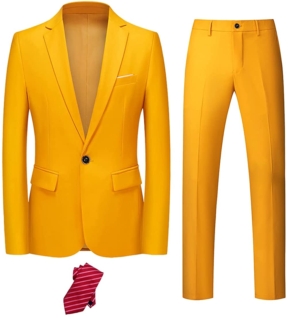 YND Men's Slim Fit 2 Piece Suit One Button Solid Jacket Pants Set with Tie