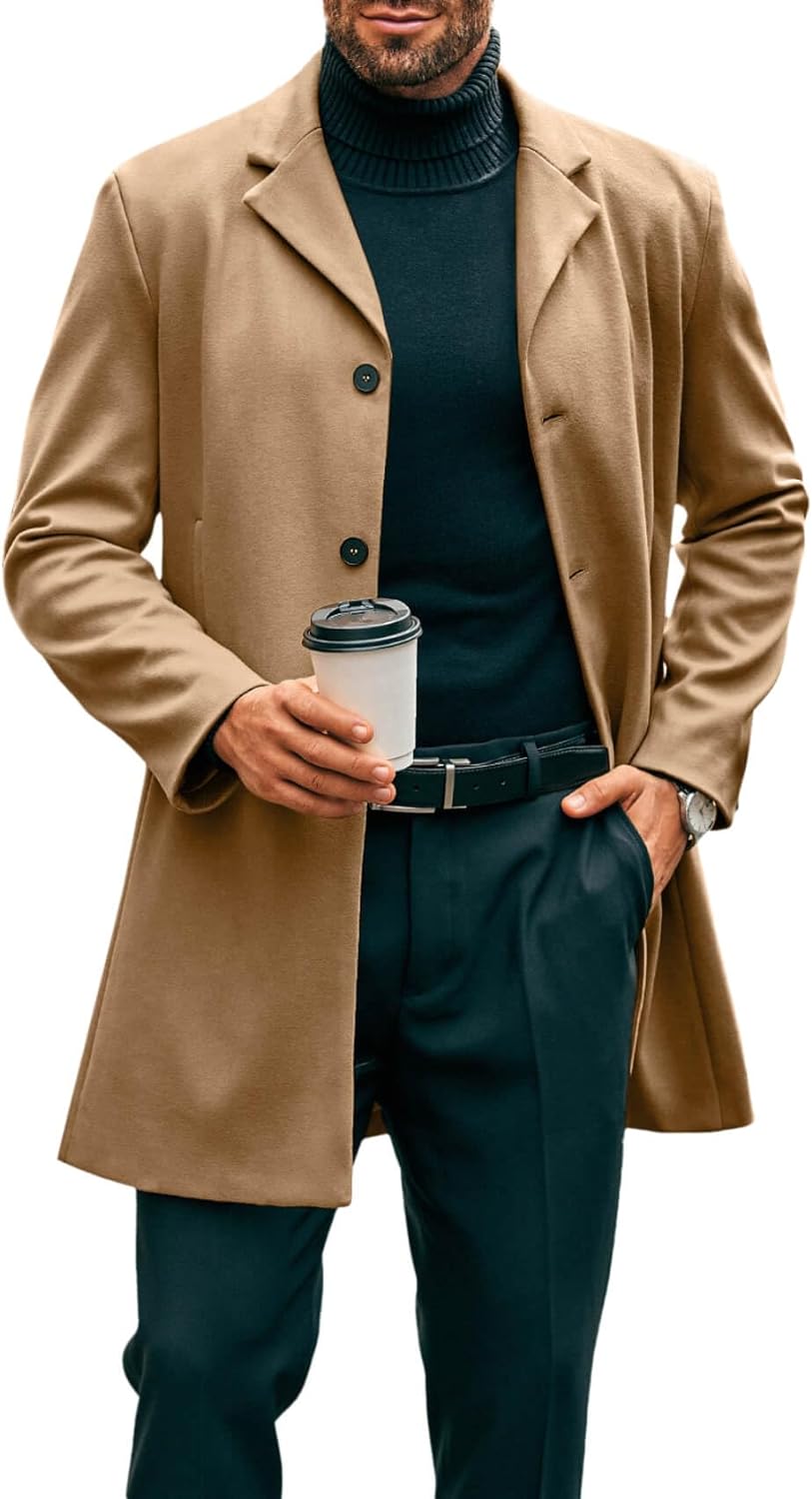 PASLTER Mens Mid Long Trench Coat Slim Fit Winter Pea Coat Single Breasted  Busin