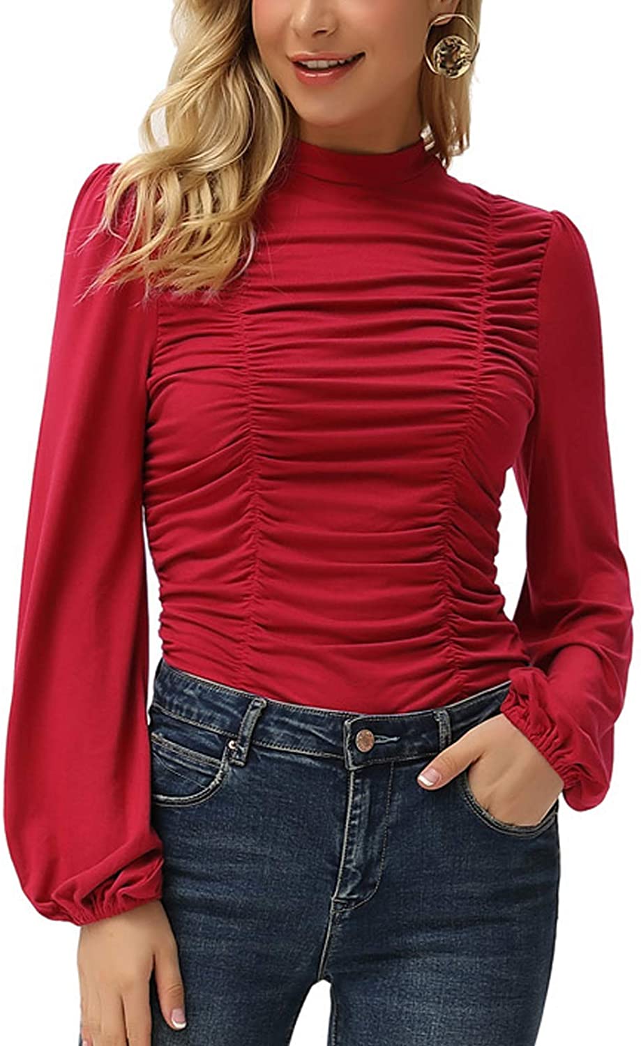 GRACE KARIN Womens Long Lantern Sleeve High-Neck Ruched Front Fitted Blouse 