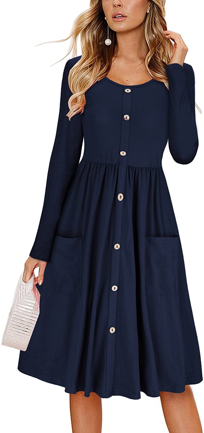 KILIG Women's Long Sleeve Dresses Casual Button Down Midi Dress with ...