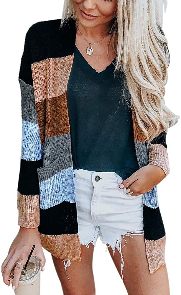 Womens Long Sleeve Casual Striped Cardigan Color Block Knit Open Front  Sweater C | eBay