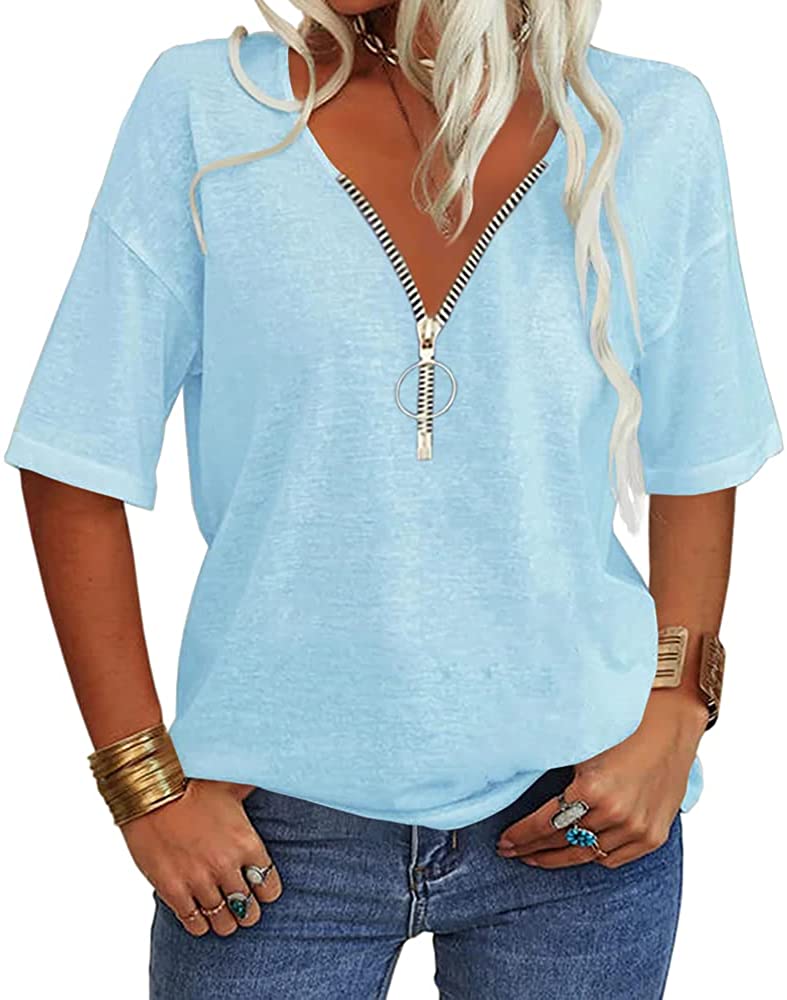 Danedvi Women Fashion V-Neck Half Sleeves Oversized T Shirt Solid ...