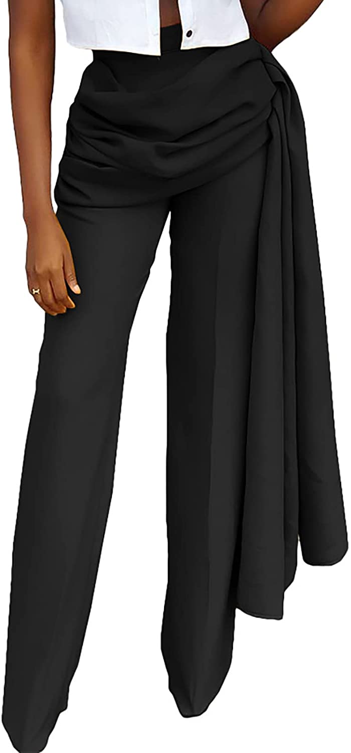 LKOUS Womens Stretchy High Waisted Wide Leg Button-Down Pants 