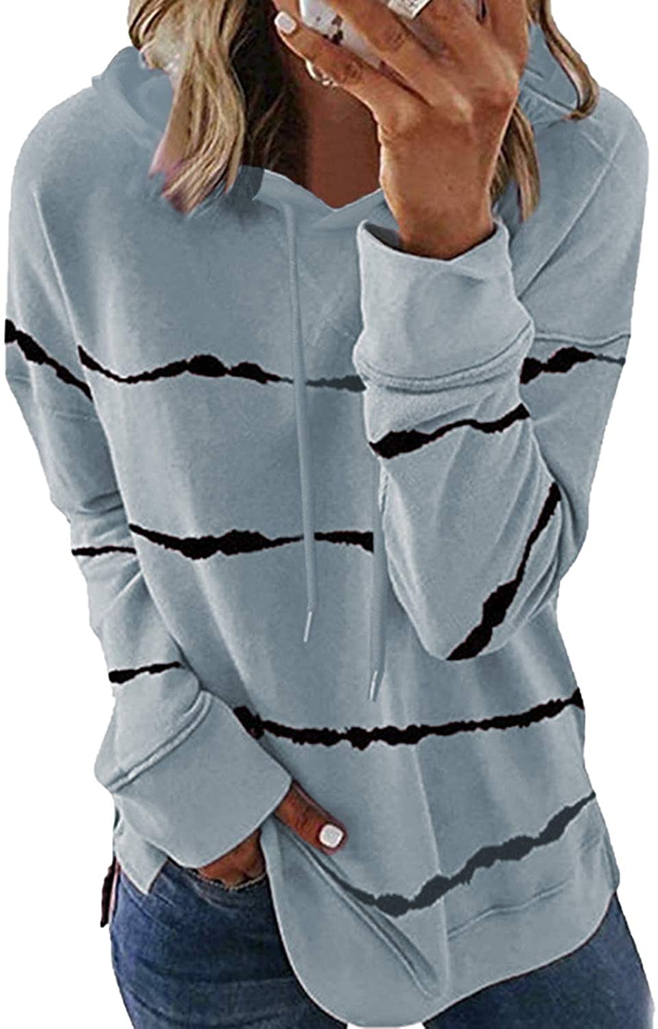 KINGFEN Lightweight Sweatshirts for Women Long Sleeve Striped Color Block Hoodies Tops Pullover 