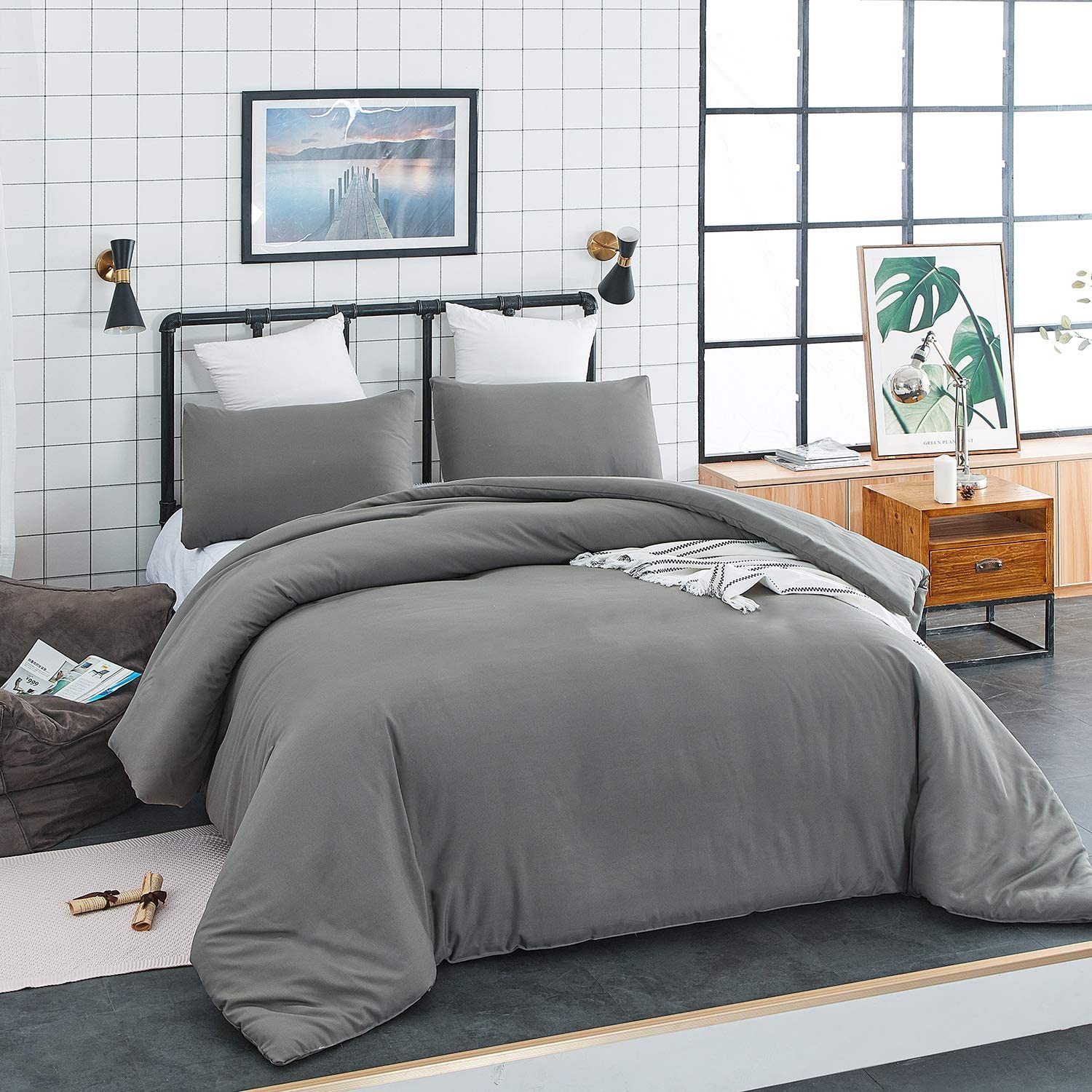 Jumeey Grey Comforter Set Full Size Dark Grey Comforter Queen Solid ...