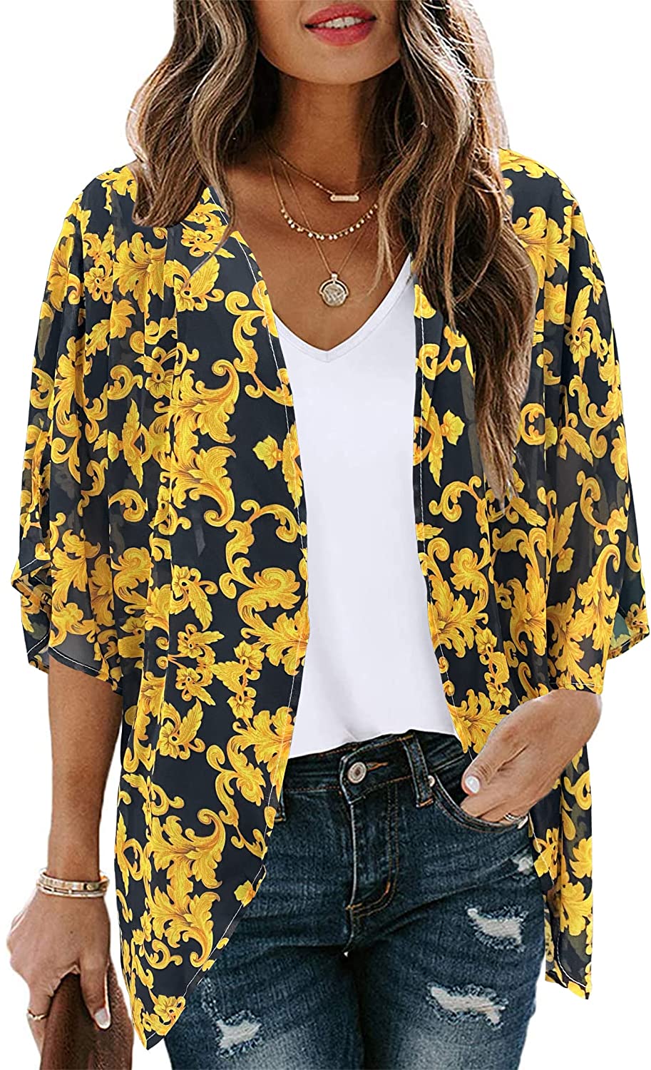 Women's Floral Print Puff Sleeve Kimono Cardigan Loose Cover Up Casual ...