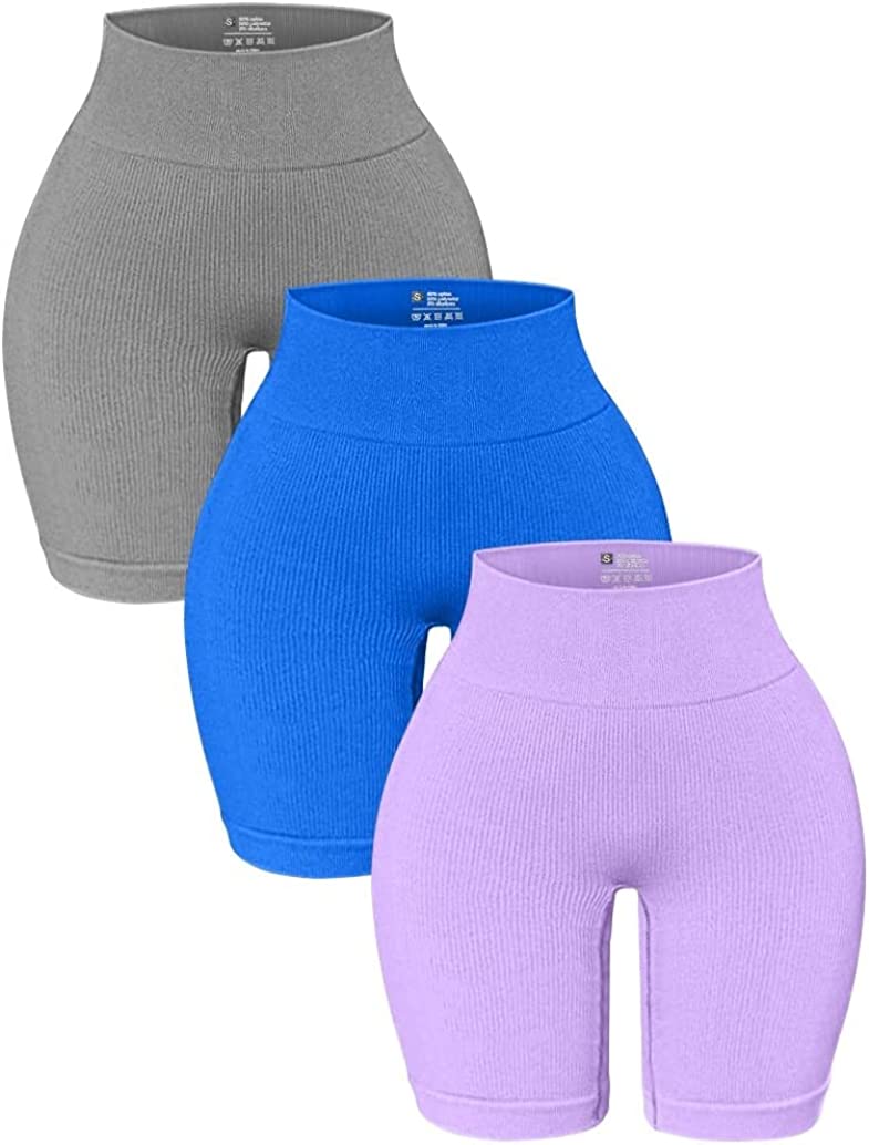OQQ 3 Pack High Waisted Yoga Shorts for Women Ribbed Seamless Tummy Control  Work