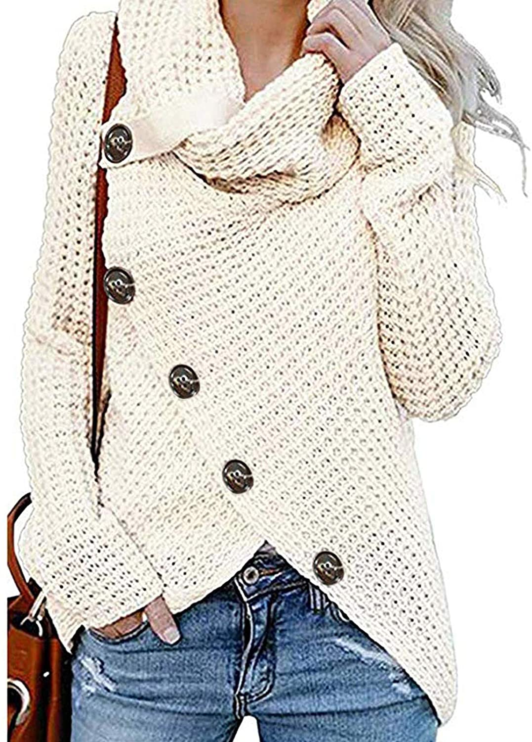 Womens Chunky Button Turtle Cowl Neck Asymmetric Hem Wrap Pullover Sweater Tops Blouse Shirt 