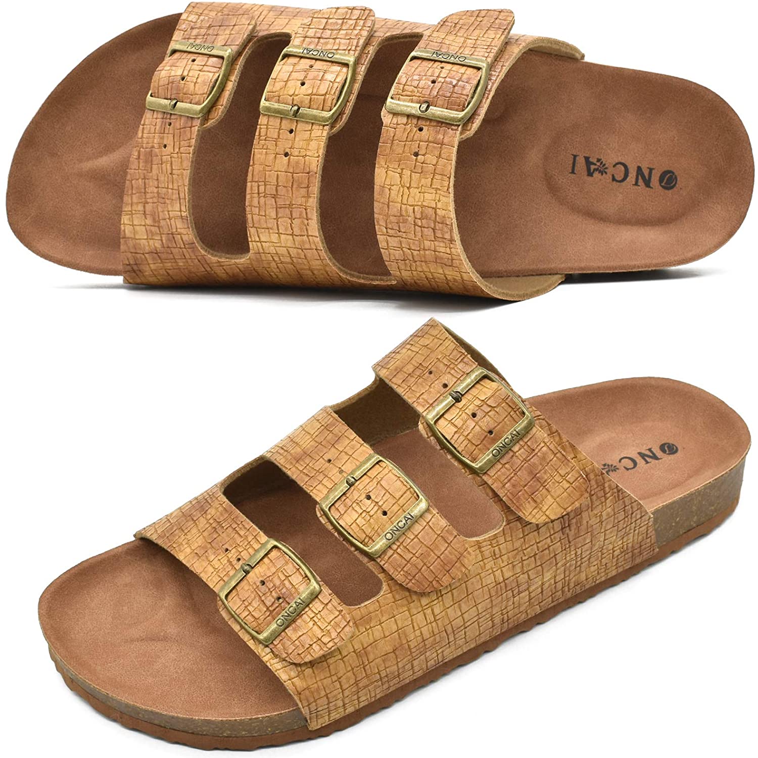ONCAI Men's-Slide-Sandals-Beach-Slippers-Arizona Slippers Shoes Indoor and Outdoor Anti-skidding Flat Cork Sandals and Beach Slippers with Two Adjustable Straps 