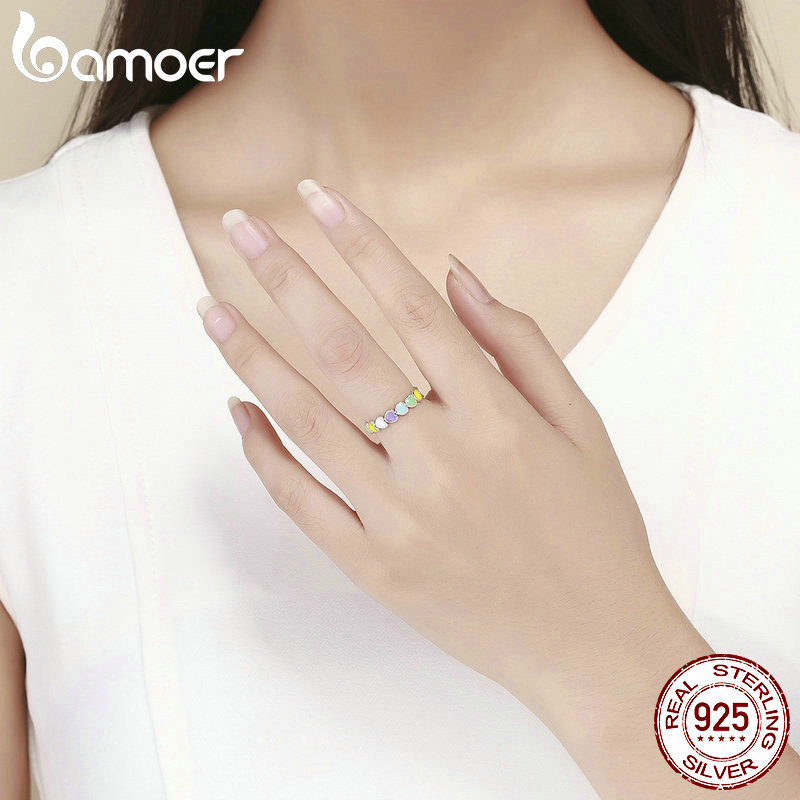 BAMOER Authentic 925 Sterling Silver Stackable Rainbow Heart Finger Rings for Women Wedding Engagement Ring Jewelry Anel SCR444-4