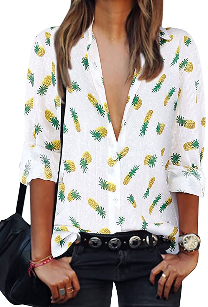 ZXZY Women Pineapple Printed Lapel Collar Half Sleeves Buttons Down Blouse Shirt 