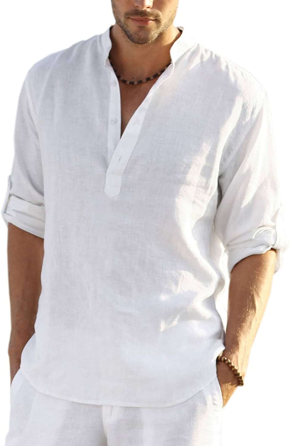 Mens Linen V Neck Slim Fit Henley T-shirt Tops Long Sleeve Casual Shirts Blouse 