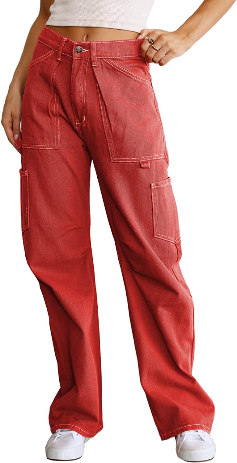 Womens High Cargo Pants with 6 Pockets and Wide Legs Casual Pants