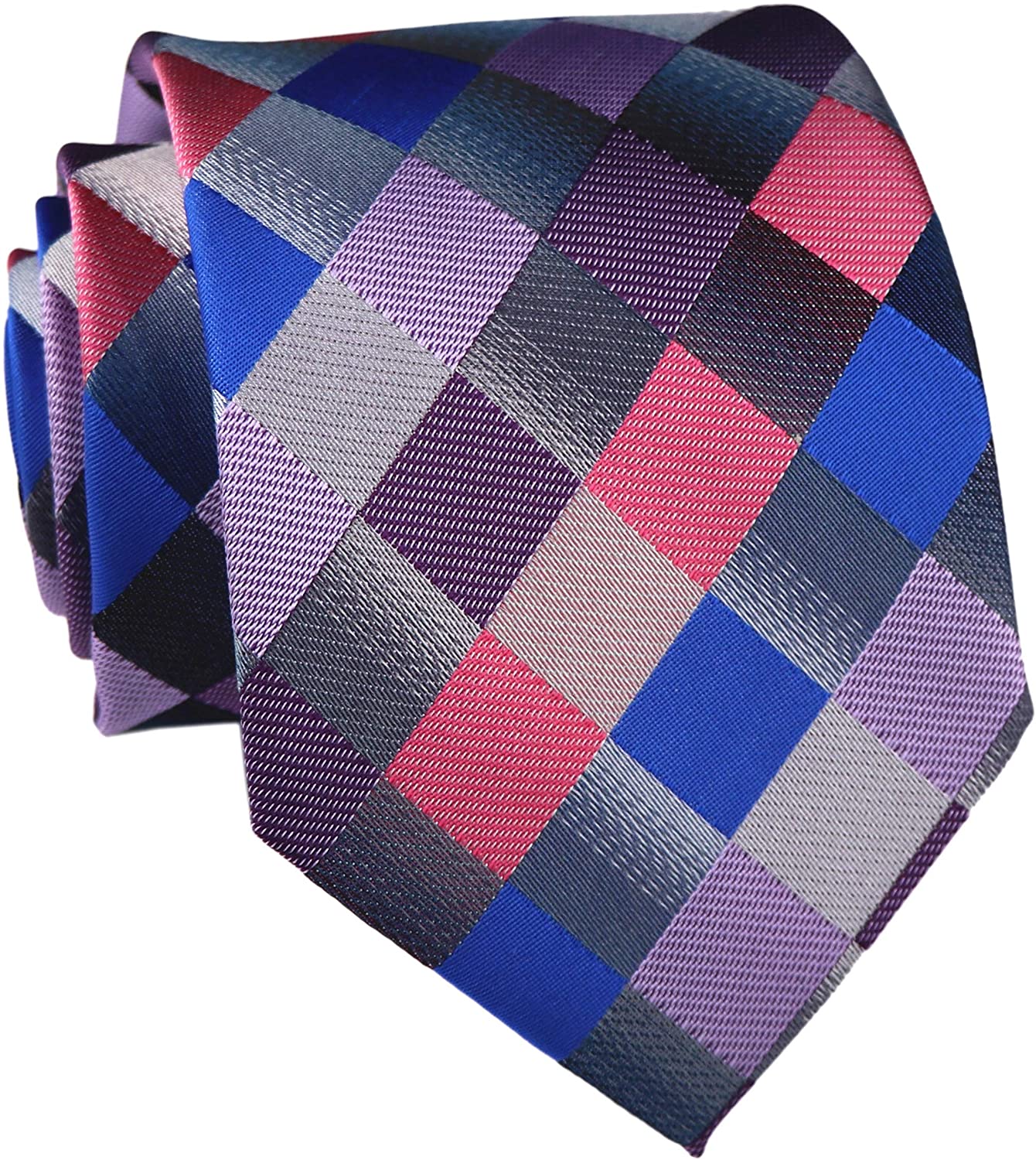 Secdtie Mens Classic Checks Dark Blue Grey Jacquard Woven Silk Tie Necktie