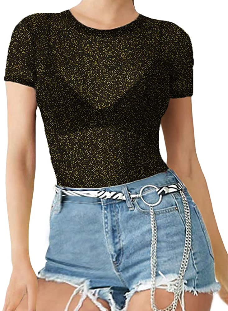 MANGOPOP Women's Short Sleeve Long Sleeve Sheer Mesh Crop Tops Tee Shirt  Blouse, 1058-black, Medium