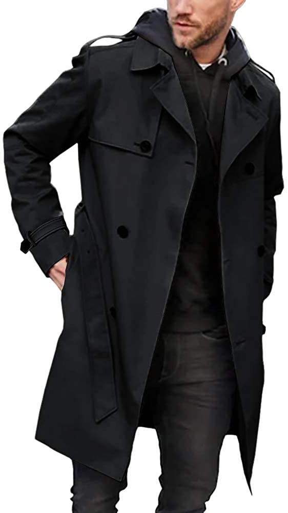 Mens Slim Fit Trench Coat Notched Lapel Single Breasted Windbreaker Fall Lightweight Jacket 