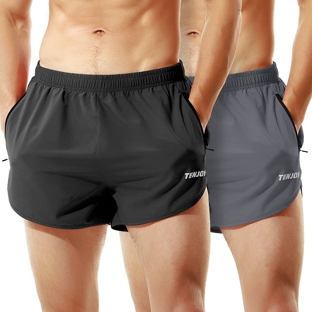 TENJOY Men's Two-in-one Fitness Shorts 5 inch with Pockets Running Sports  Shorts for Men Red Large