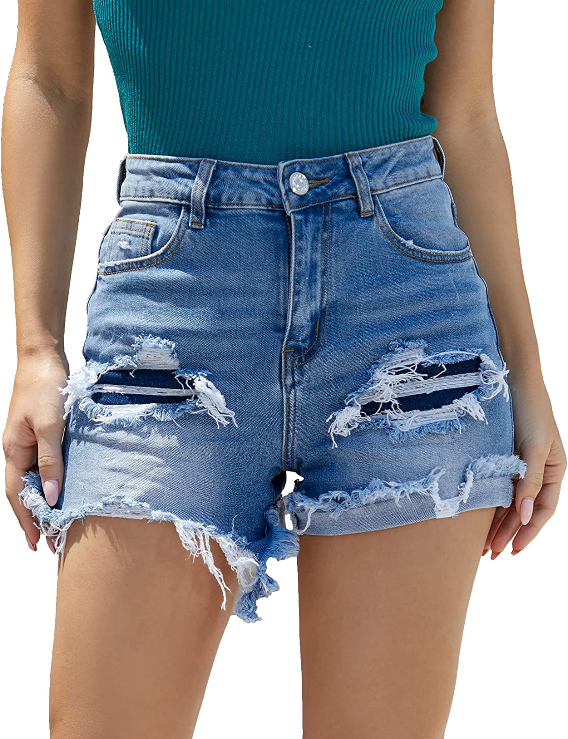 Women's mid Waisted Ripped Casual hot Denim Shorts with Pockets