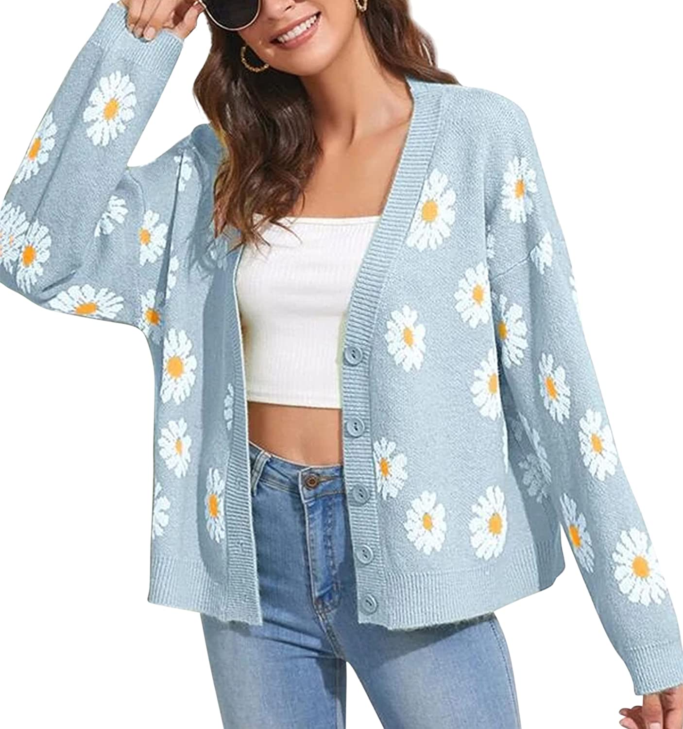 Meladyan Women's Flower Knit Loose Cardigan Button Long Sleeve V