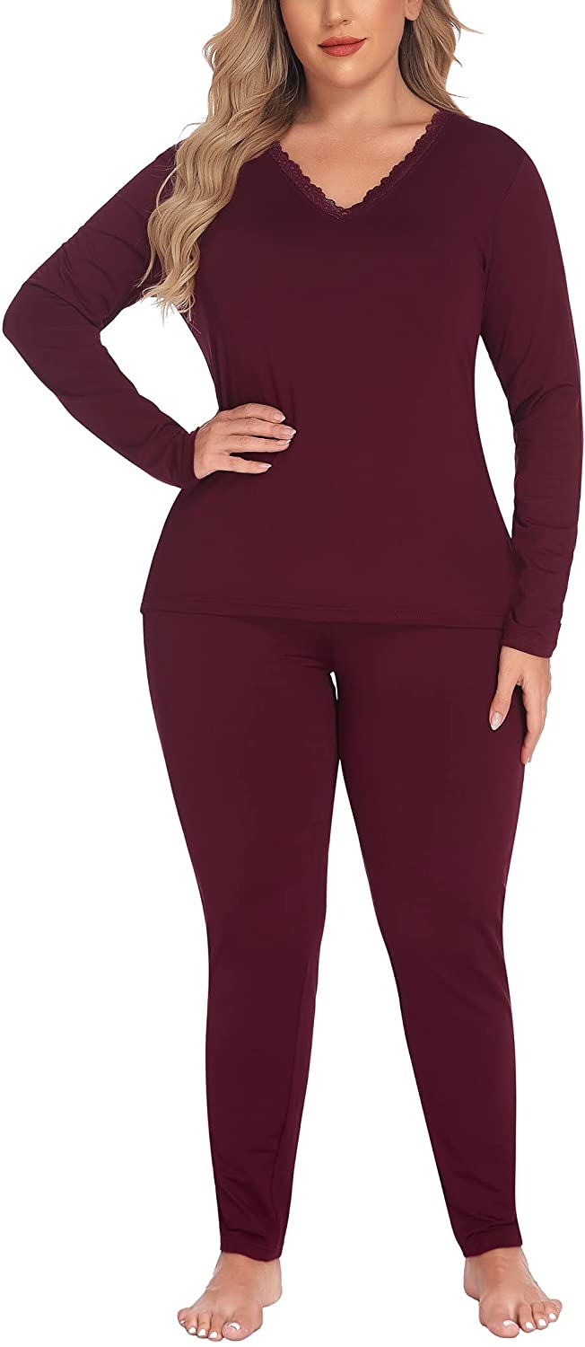 IN'VOLAND Women's Plus Size Thermal Long Johns Sets Fleece Lined 2 Pcs  Underwear Top & Bottom Pajama Set