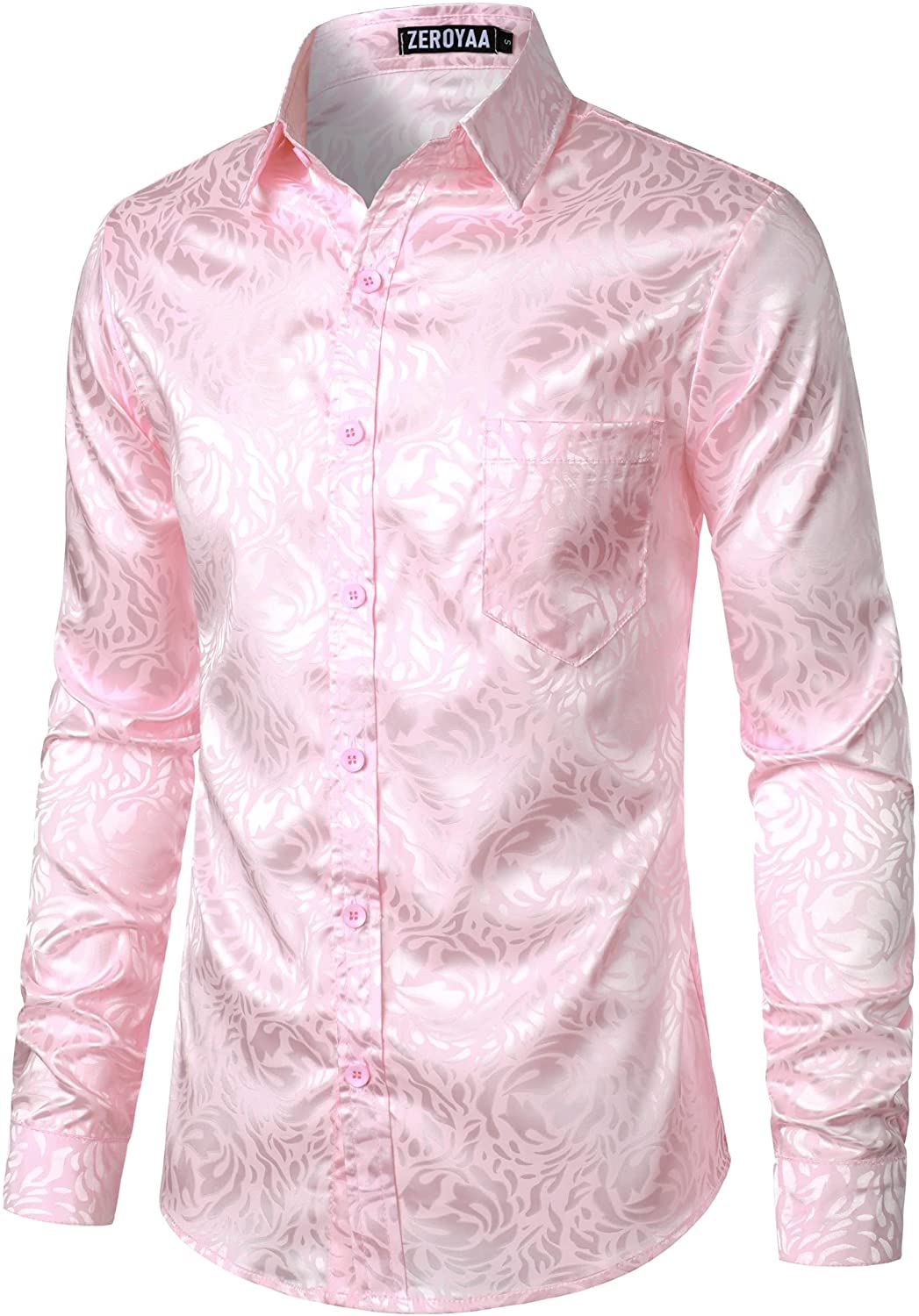 ZEROYAA Men's Rose Floral Long Sleeve Dress Shirts Shiny Satin Silk Like  Jacquar