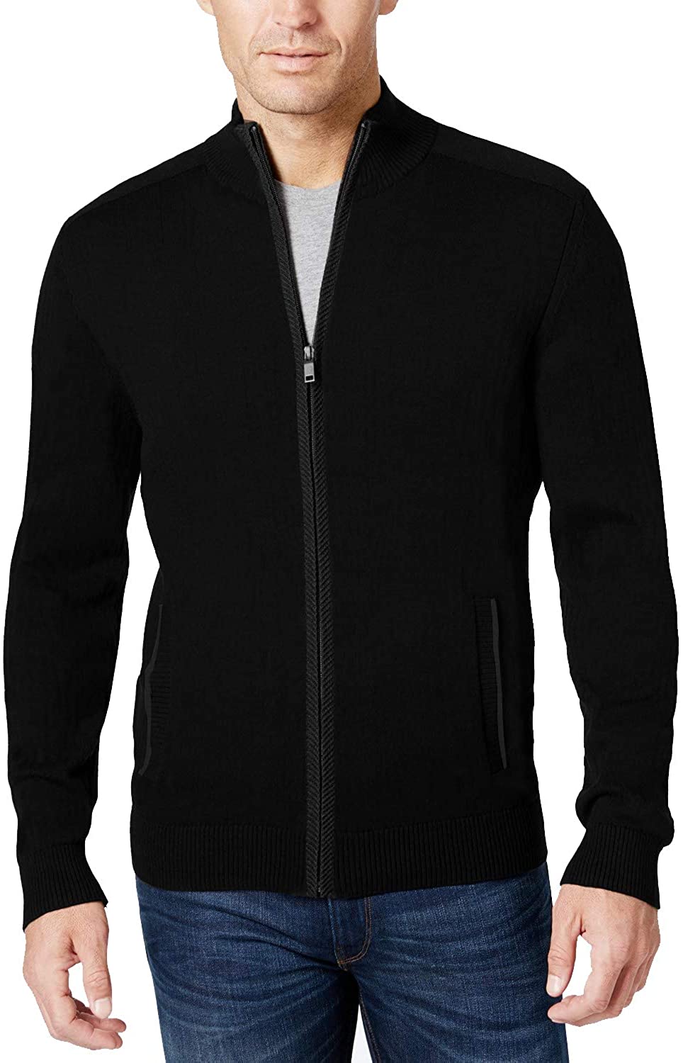 COOFANDY Men's Full Zip Cardigan Sweater Slim Fit Stand Collar Cotton Cable Knitted Sweater Jacket with Pockets 