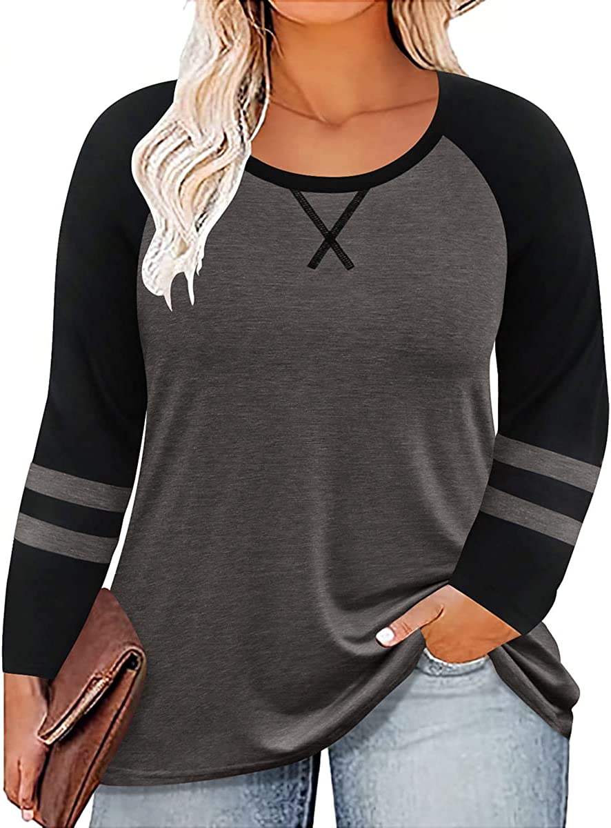 CARCOS Plus Size Tops for Women Long Sleeve Fall Tunic Color Block  Camo/Plaid/Leopard/Fall Blouse Crewneck Tshirt XL-5XL