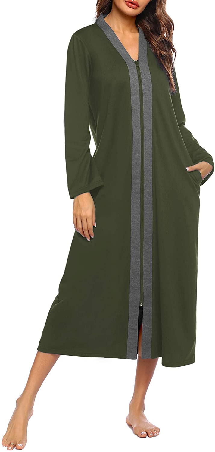 Ekouaer Women Long House Coat Zipper Front Robes Full Length Nightgowns with Pockets Striped Loungewear 