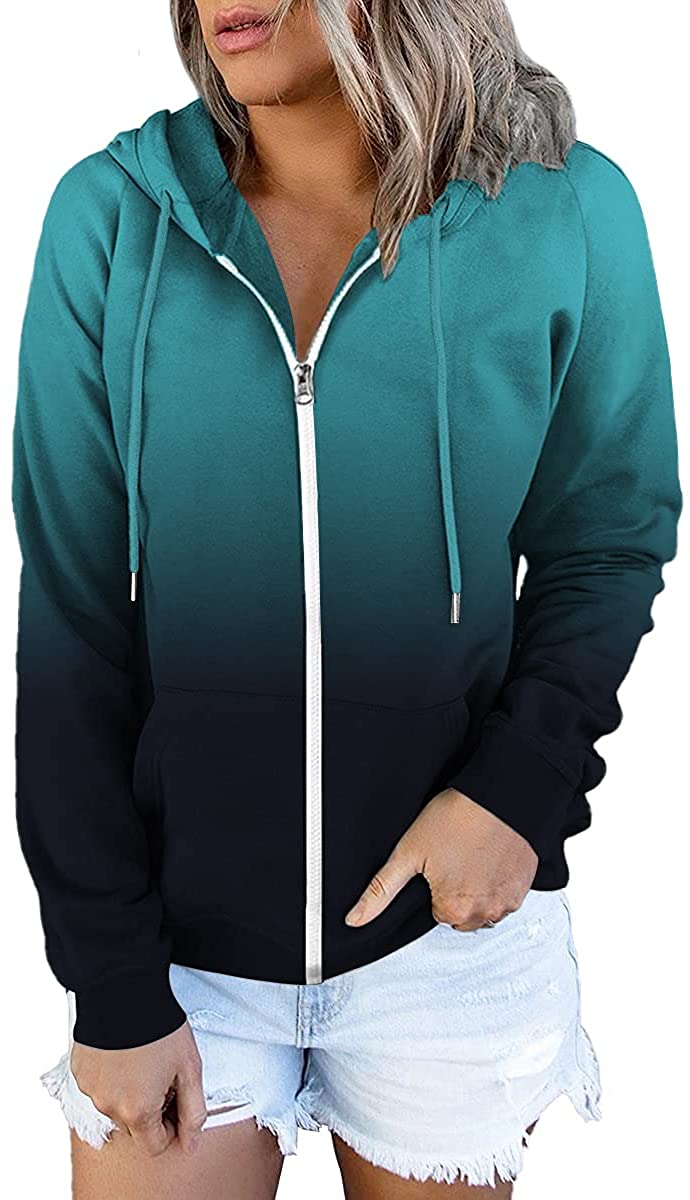 ETCYY Women's Color Block Zip Up Hoodie Sweatshirt Long