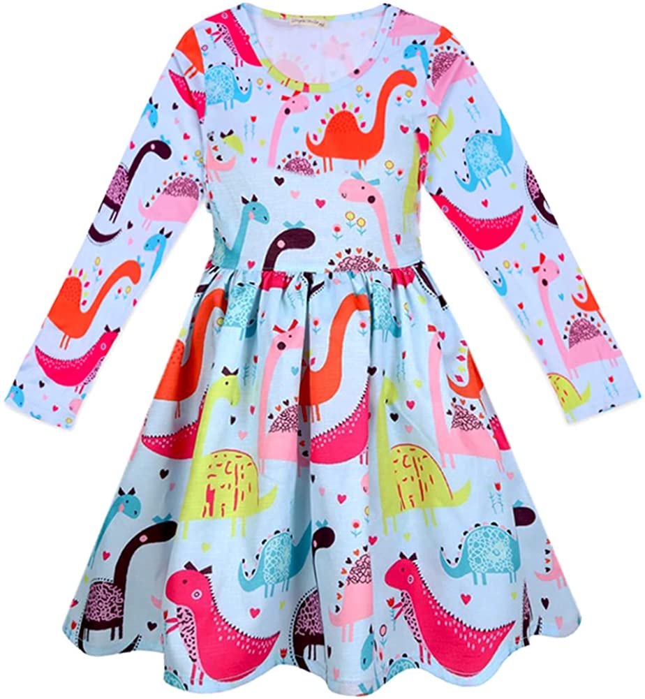 Bleubell Girls Dinosaur Casual Dress Fun Printed for 2-12 Years 