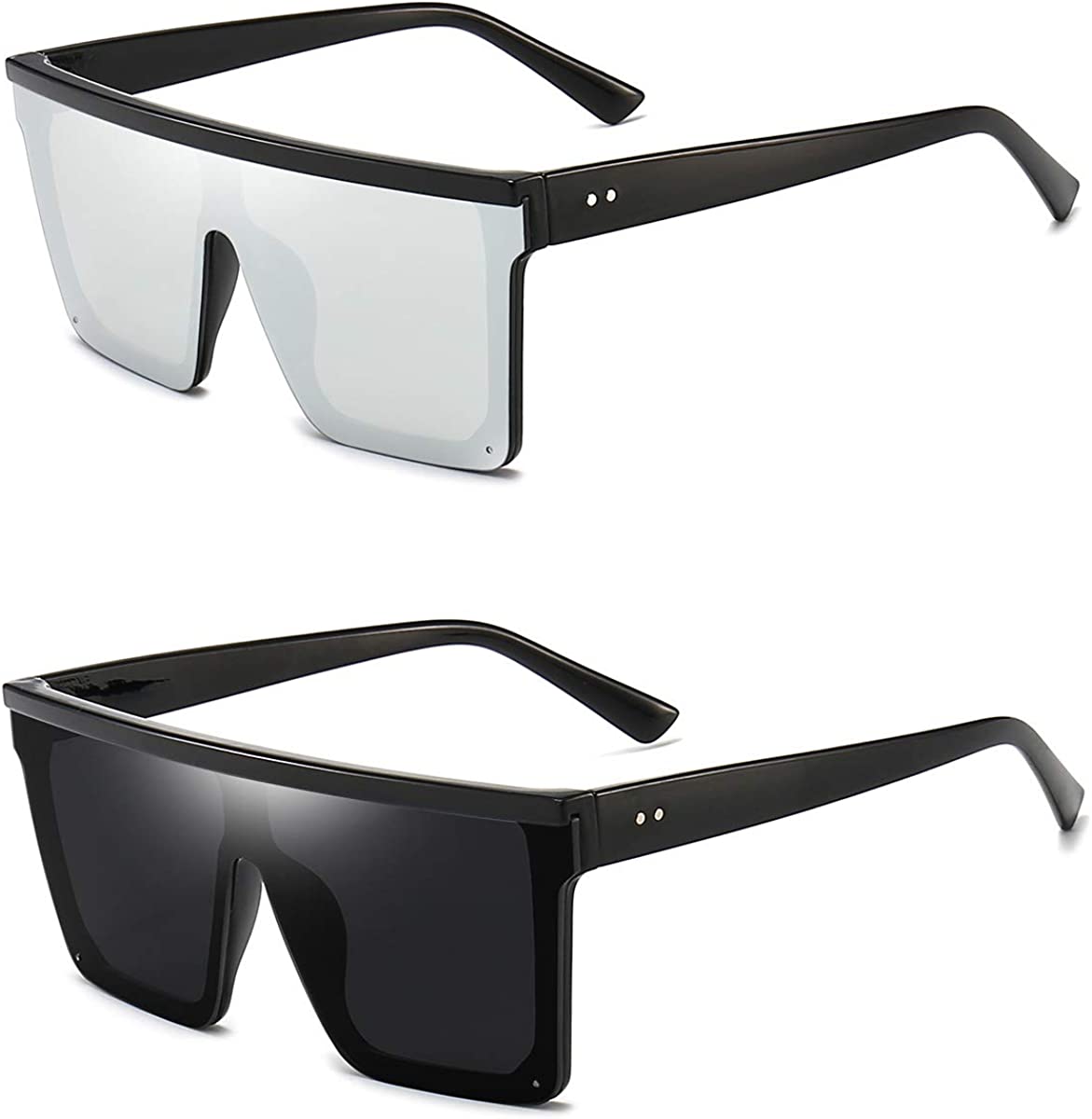 2 Pairs Fashion Oversized Flat Top Sunglasses Siamese Lens Sunglasses Unisex Square Sunglasses Shades for Men Women 