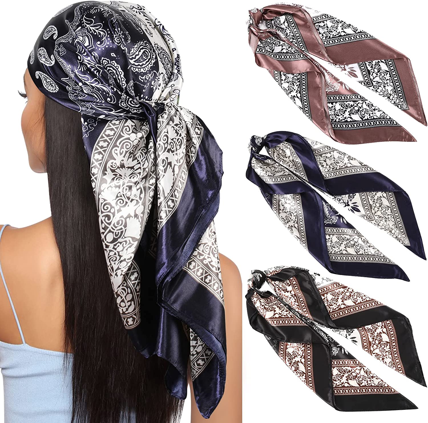  DRESHOW 35” Large Square Satin Head Scarf - 4Pcs Silk  Accessories Classic Patterned Squares Beach Bandanas for Women : Everything  Else