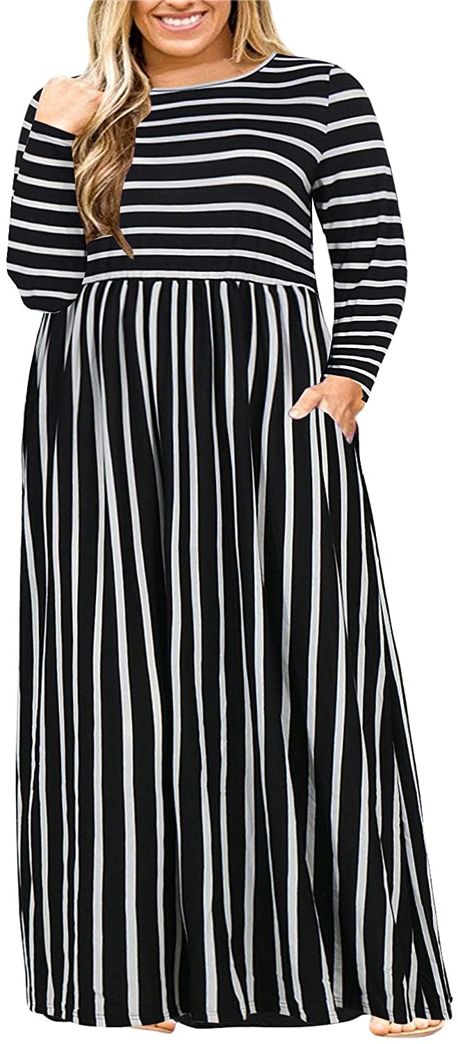 Nemidor Women Long Sleeve Loose Plain Casual Plus Size Long Maxi Dress with  Pock