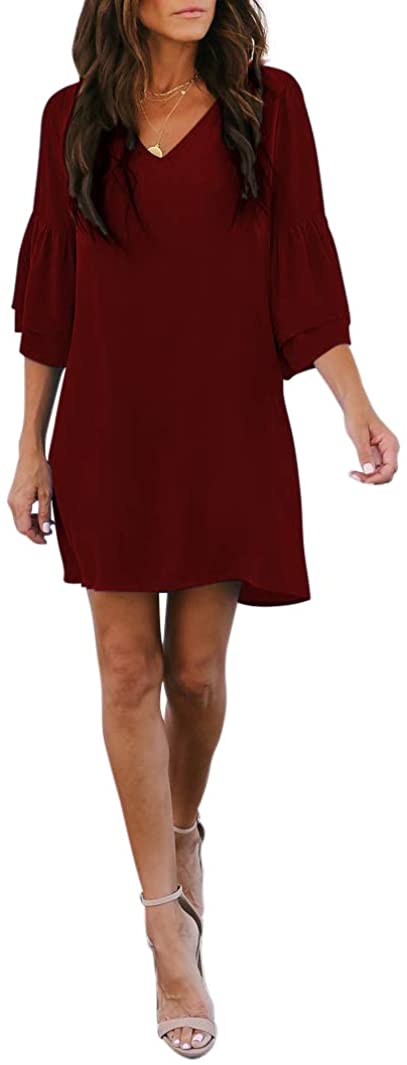 BELONGSCI Women's Dress Sweet & Cute V-Neck Bell Sleeve Shift Dress Mini  Dress | eBay